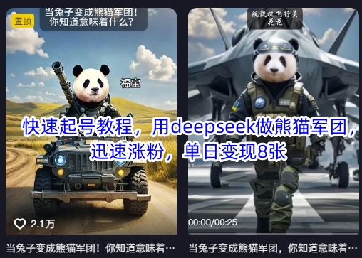 快速起号教程，用deepseek做熊猫军团，迅速涨粉，单日变现8张-青年云网创—高质量项目商城